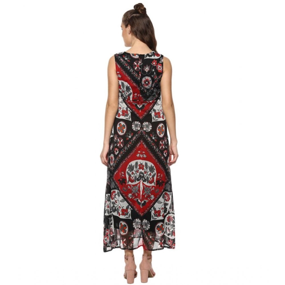 Vaystra Polyester Printed Sleeveless Dress – Red & Black