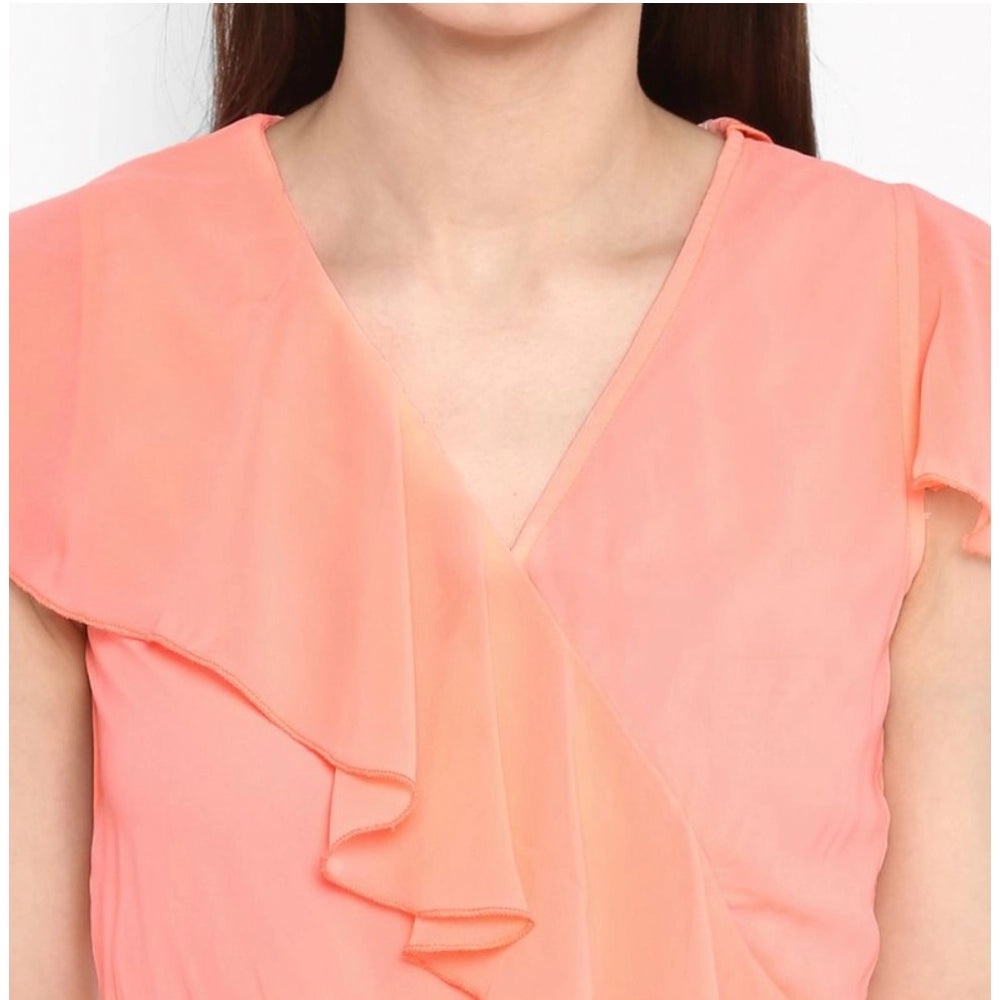 Vaystra Polyester Ruffled Cap Sleeve Below Knee Dress – Neon Pink