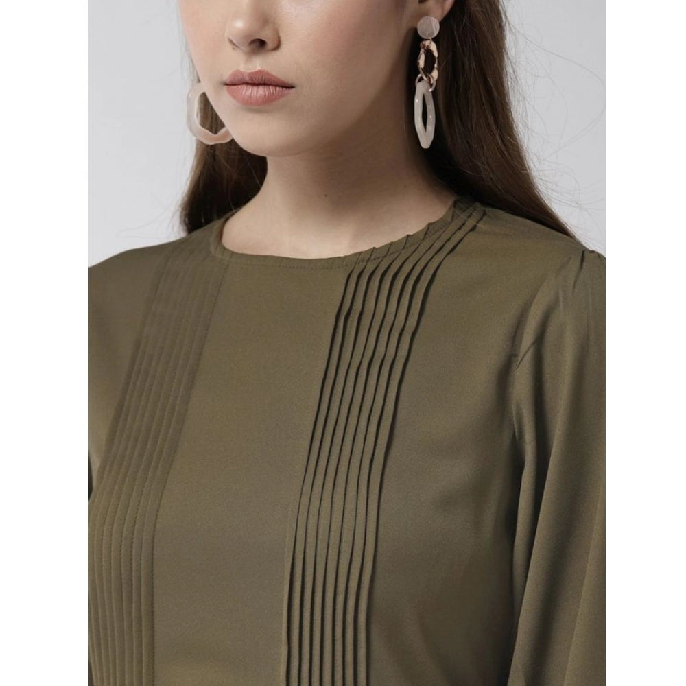 Vaystra Polyester Pintuck Long Sleeves Below Knee Dress – Olive