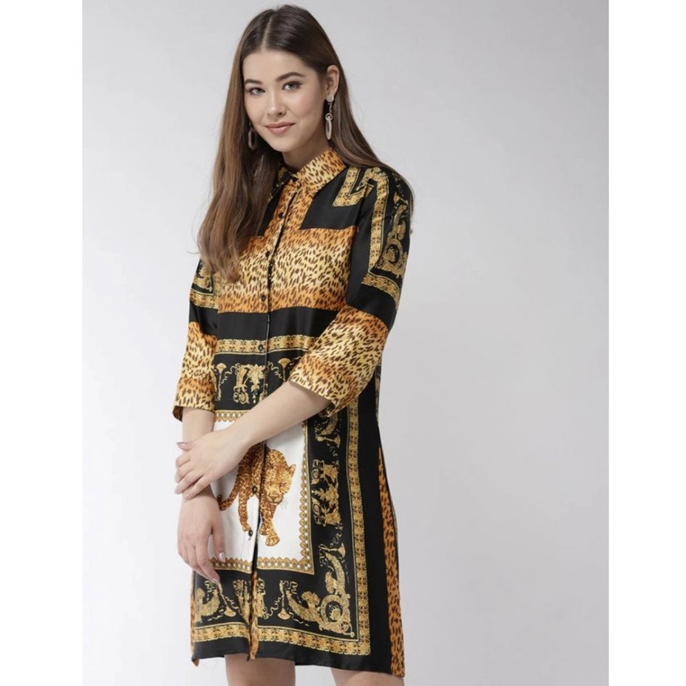 Vaystra Satin Animal Print 3-4th Sleeves Above Knee Dress – White & Orange