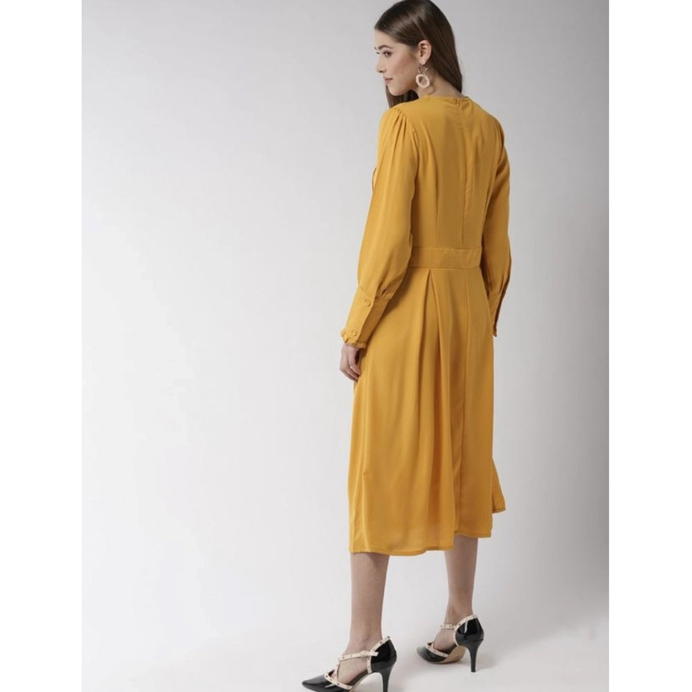 Vaystra Polyester Pintuck Long Sleeves Below Knee Dress – Yellow