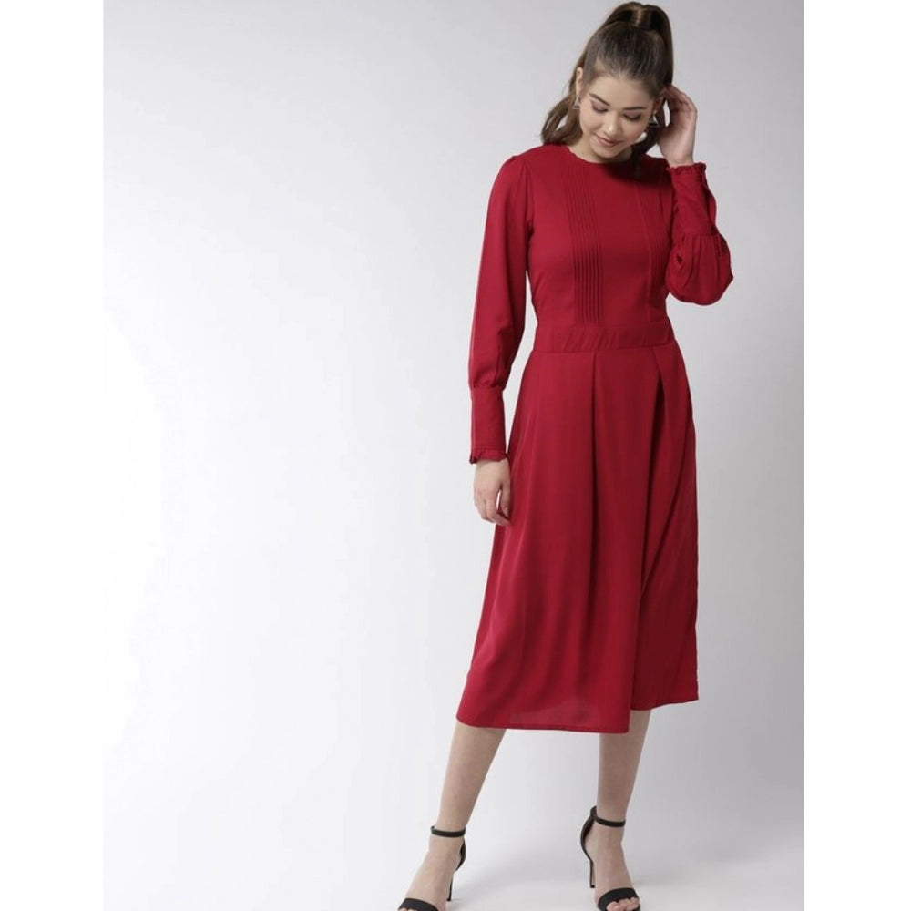Vaystra Polyester Pintuck Long Sleeves Below Knee Dress – Red