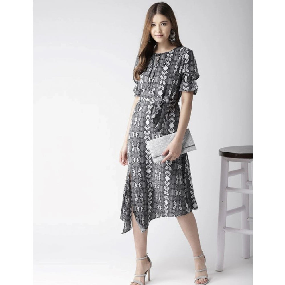 Vaystra Polyester Animal Print Short Sleeve Knee-Length Dress – Black & White