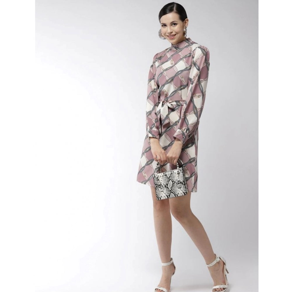 Vaystra Polyester Checkered Long Sleeves Above Knee Dress – Off White & Lavender