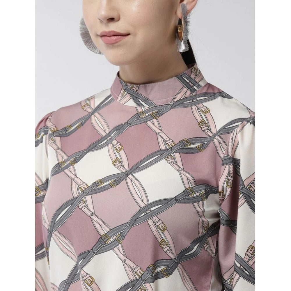 Vaystra Polyester Checkered Long Sleeves Above Knee Dress – Off White & Lavender