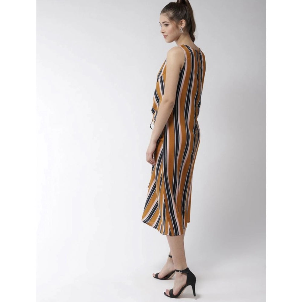 Vaystra Polyester Striped Sleeveless Below Knee Dress – Mustard