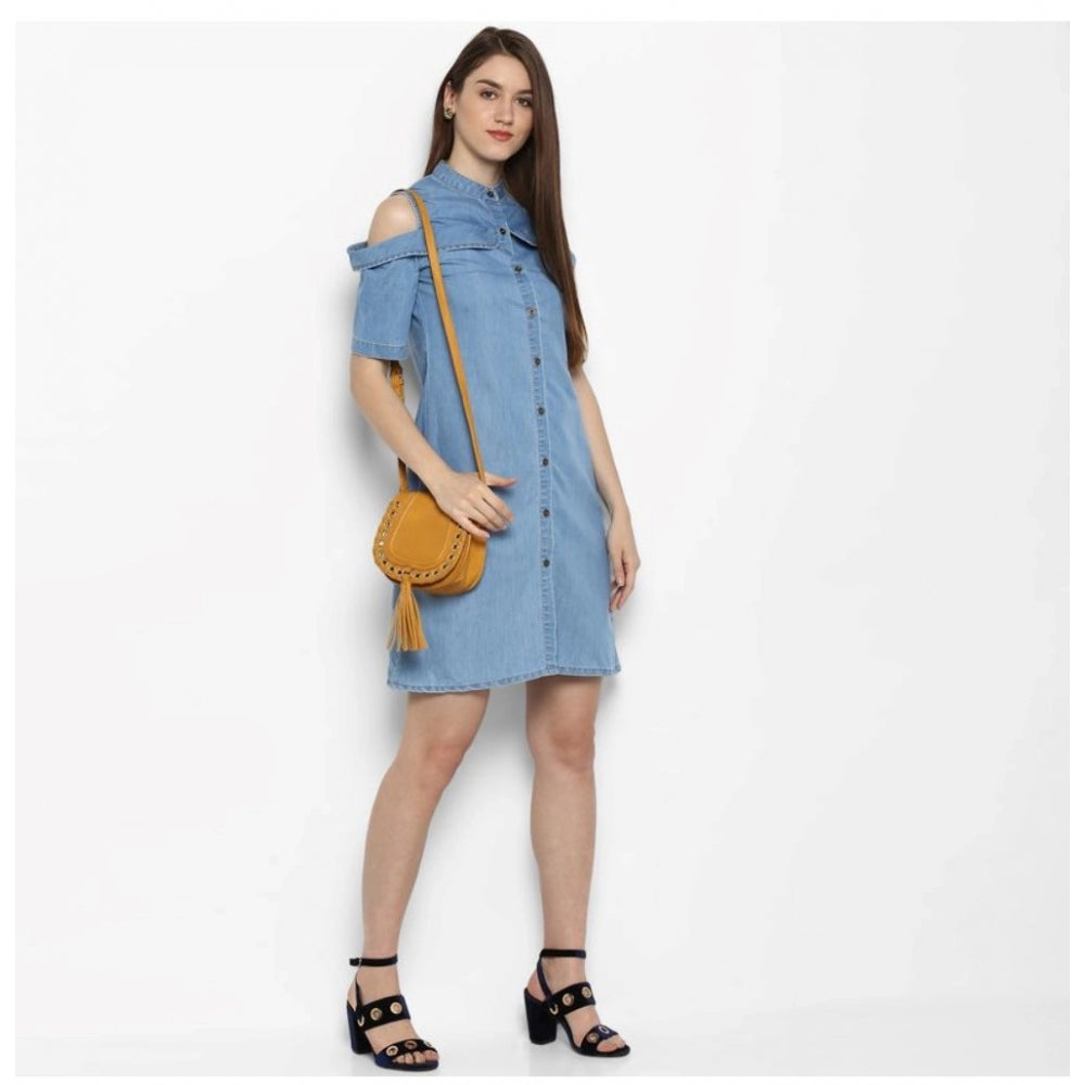 Vaystra Denim Solid Cold Shoulder Above Knee Dress – Blue