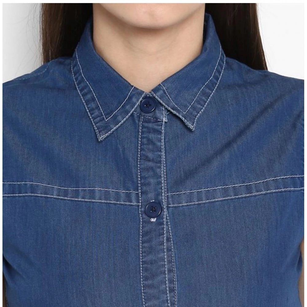 Vaystra Denim Solid Sleeveless Above Knee Dress – Blue