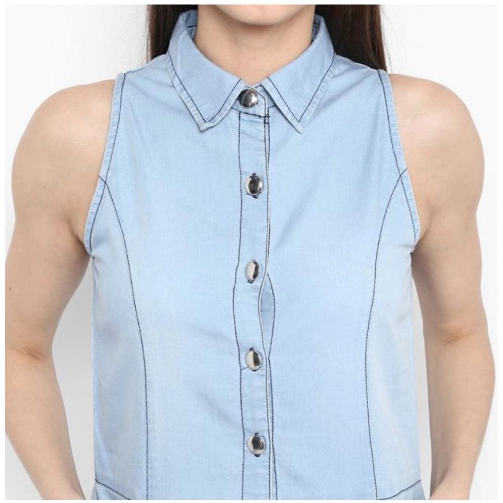 Vaystra Denim Solid Sleeveless Below Knee Dress – Blue