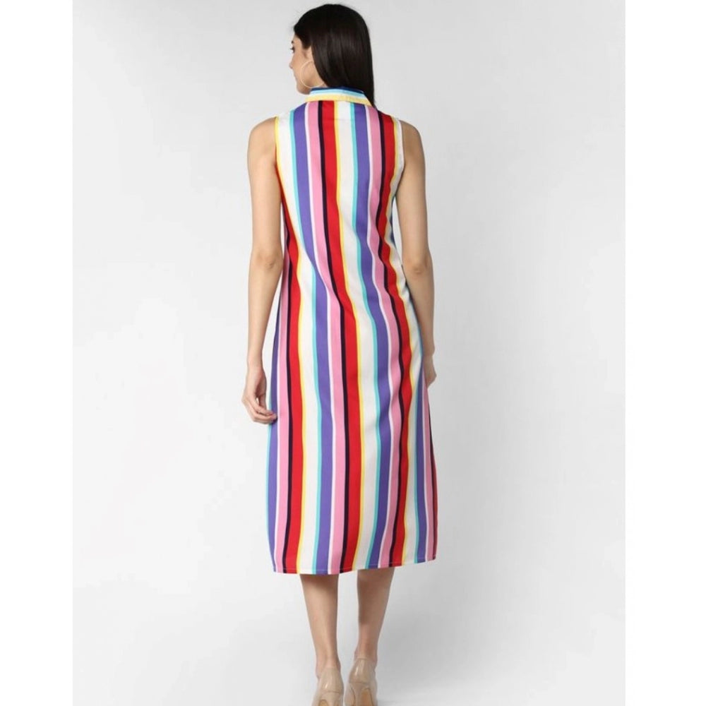 Vaystra Polyester Striped Sleeveless Calf-length Dress – Multicolor