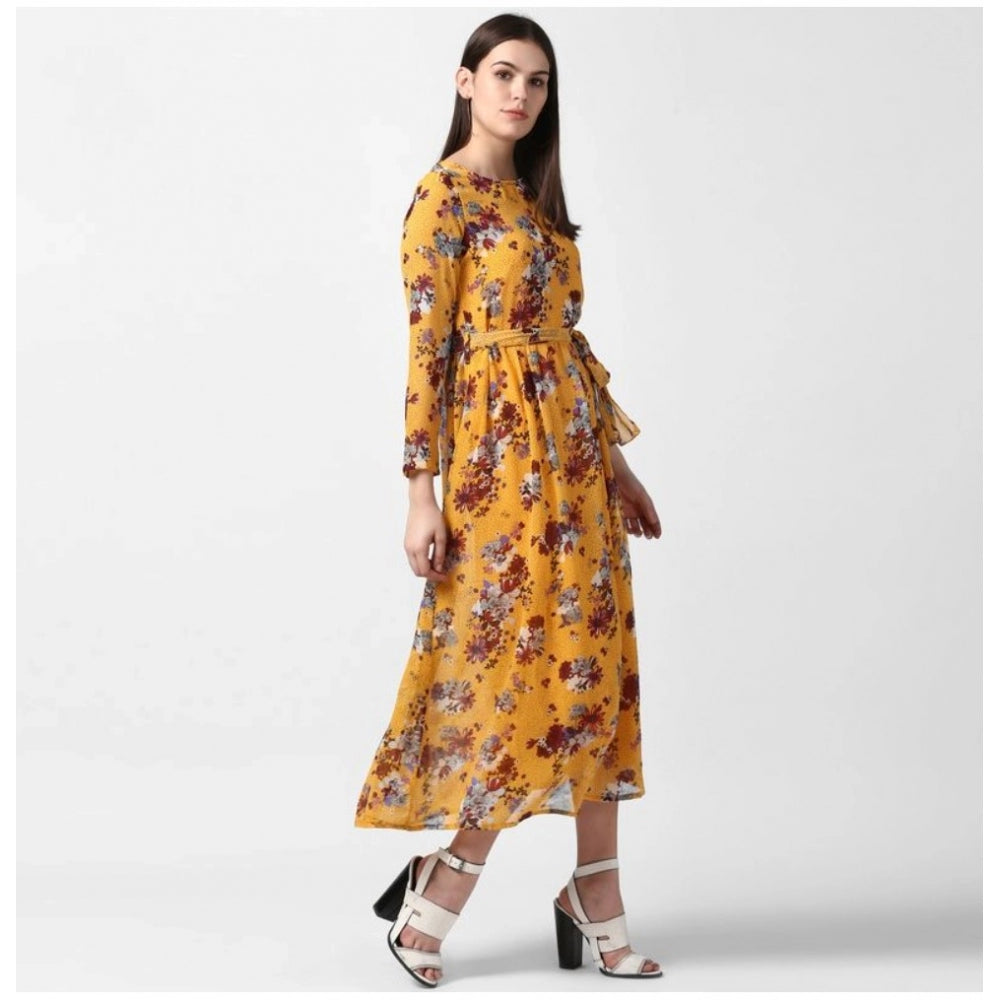 Vaystra Polyester Floral Long Sleeves Calf-length Dress – Yellow