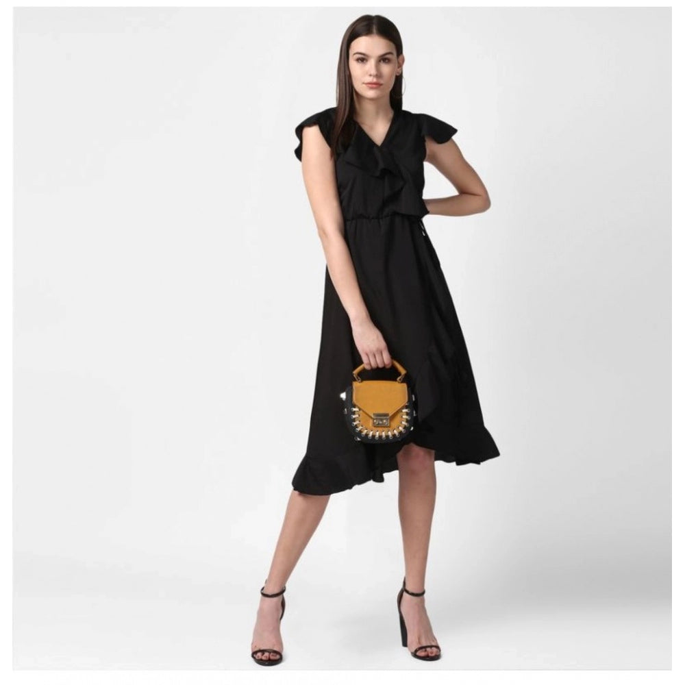 Vaystra Polyester Ruffled Cap Sleeve Knee-Length Dress – Black