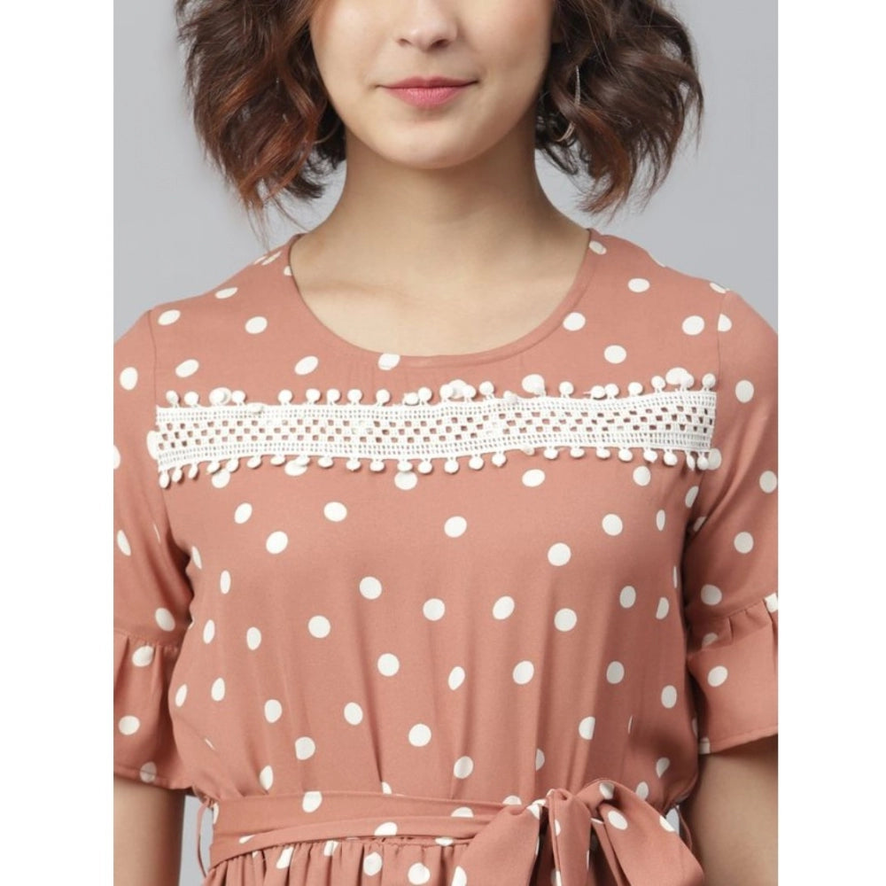 Vaystra Polyester Polka Bell Sleeve Above Knee Dress – Brown