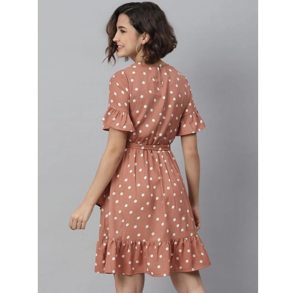 Vaystra Polyester Polka Bell Sleeve Above Knee Dress – Brown