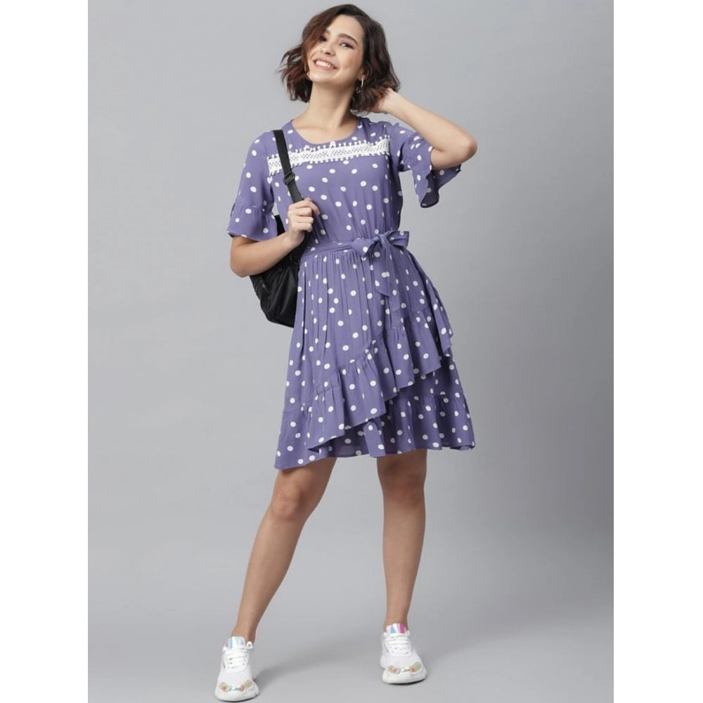 Vaystra Polyester Polka Bell Sleeve Above Knee Dress – Lavender