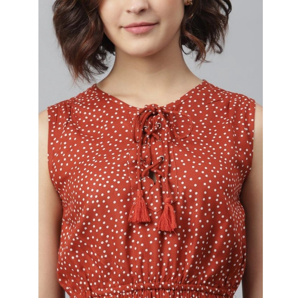 Vaystra Rayon Polka Sleeveless Above Knee Dress – Rust