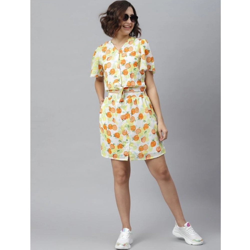 Vaystra Polyester Printed Flutter Above Knee Dress – Orange & Yellow