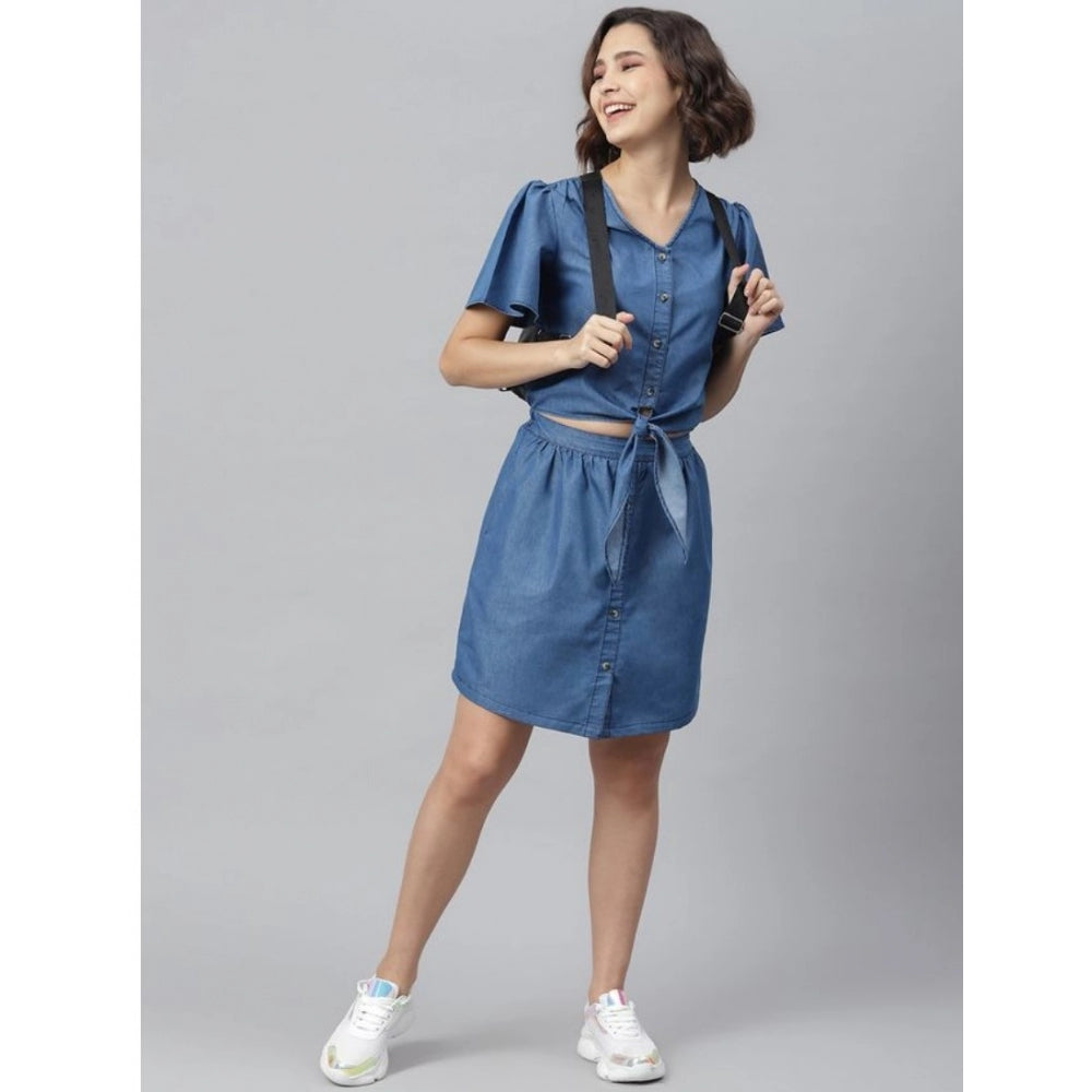 Vaystra Denim Solid Flutter Above Knee Dress – Blue
