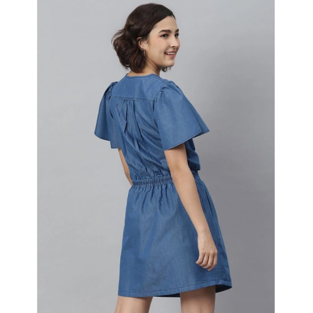 Vaystra Denim Solid Flutter Above Knee Dress – Blue