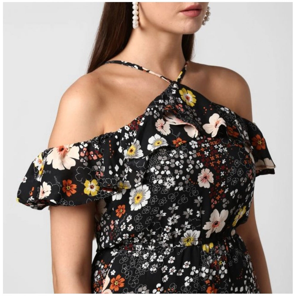 Vaystra Polyester Floral Cold Shoulder Above Knee Dress – Black