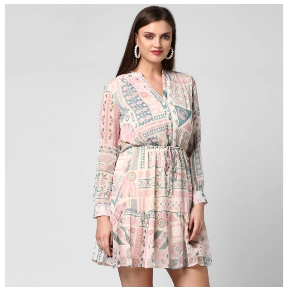 Vaystra Polyester Printed Long Sleeves Above Knee Dress – Light Pink & Off White