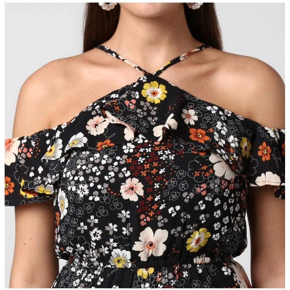 Vaystra Polyester Floral Cold Shoulder Above Knee Dress – Black