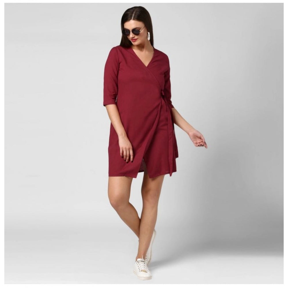 Vaystra Cotton Solid 3-4th Sleeves Above Knee Dress – Maroon