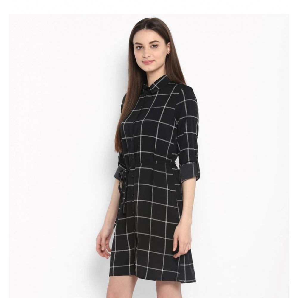 Vaystra Polyester Checkered Roll Up Sleeve Above Knee Dress – Black & White