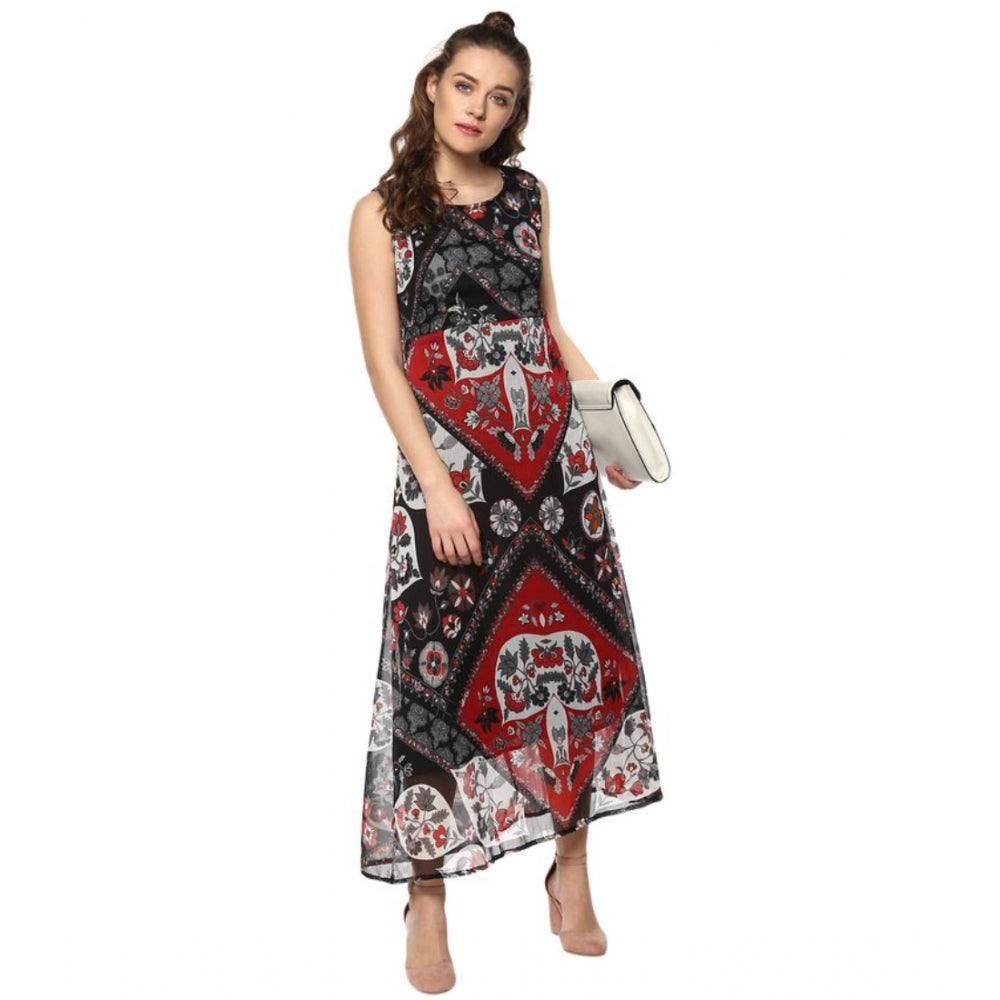 Vaystra Polyester Printed Sleeveless Dress – Red & Black