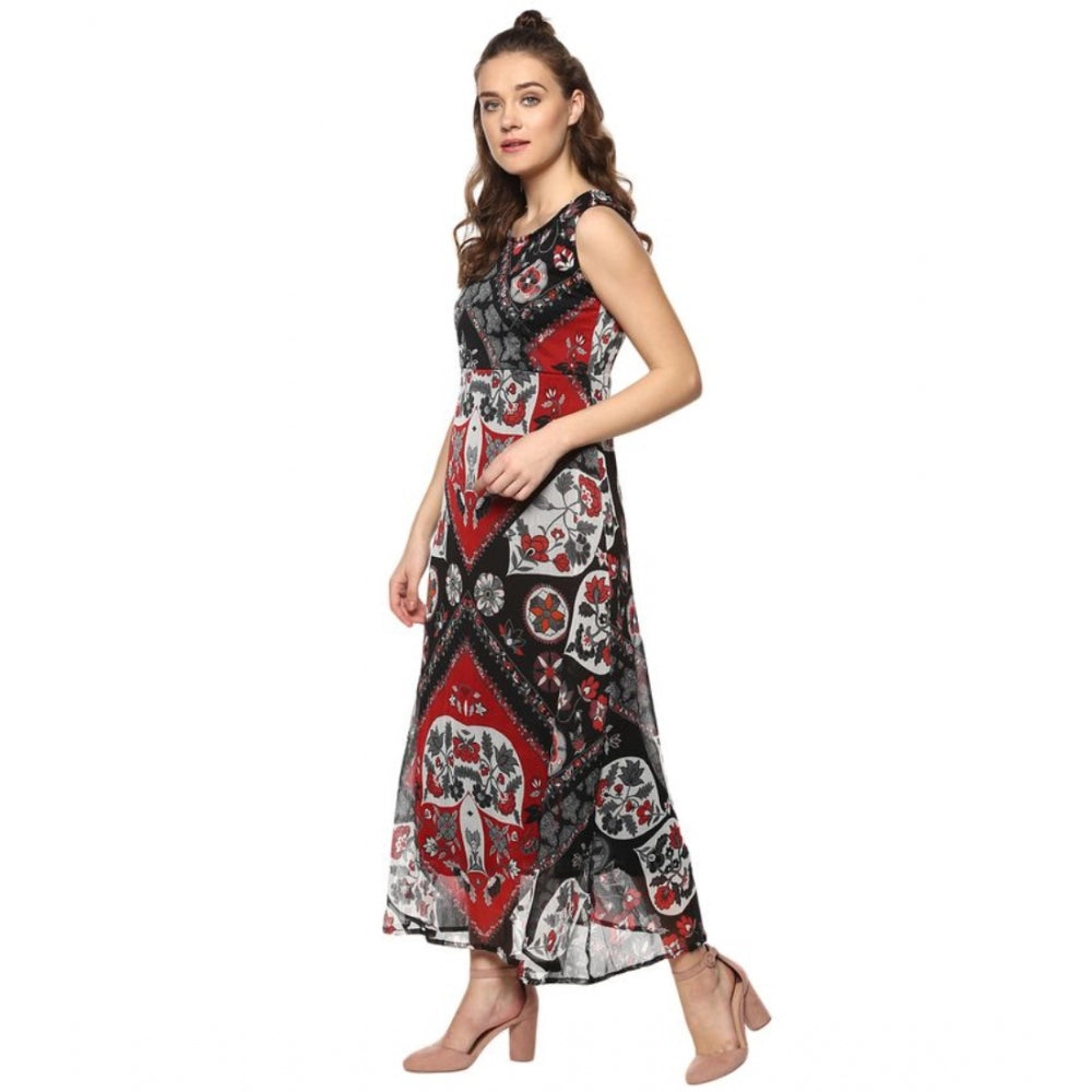 Vaystra Polyester Printed Sleeveless Dress – Red & Black