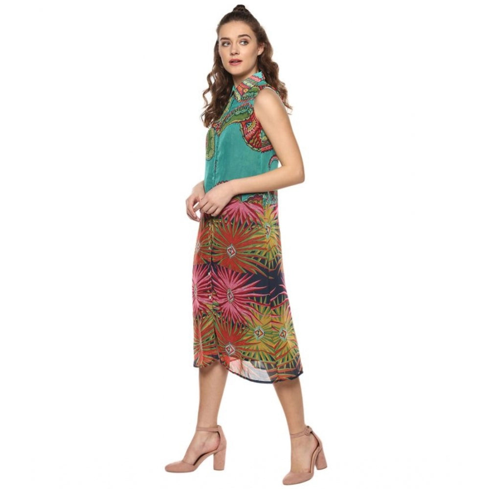 Vaystra Polyester Floral Sleeveless Below Knee Dress – Multicolor