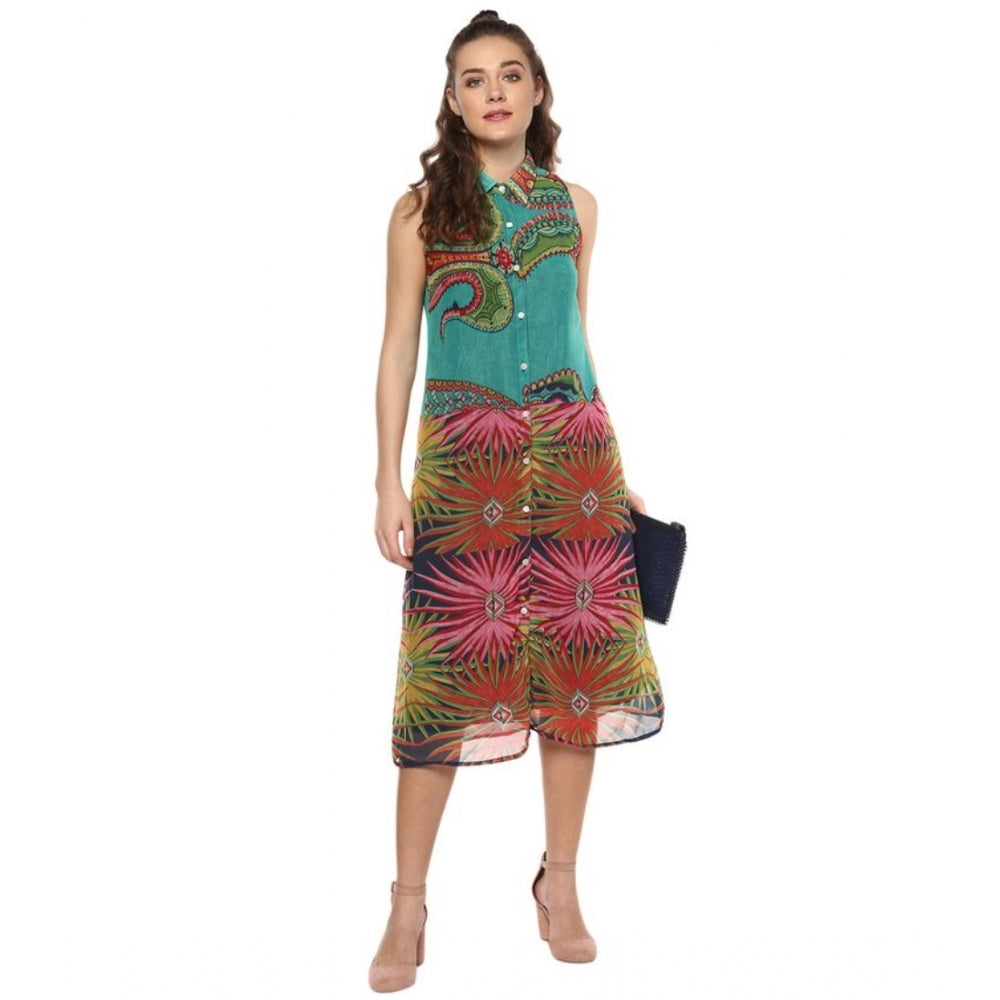 Vaystra Polyester Floral Sleeveless Below Knee Dress – Multicolor