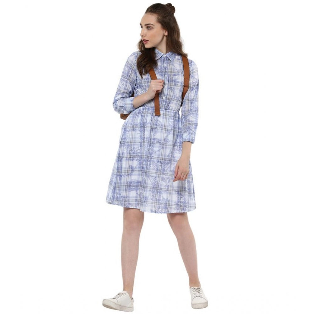 Vaystra Cotton Checkered Roll Up Sleeve Above Knee Dress – Blue