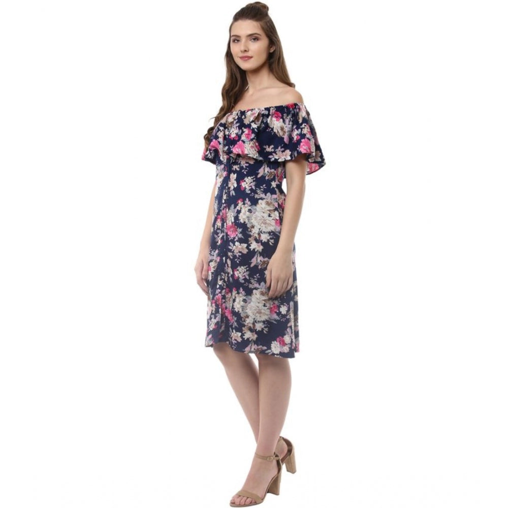 Vaystra Polyester Crepe Floral Half Sleeve Above Knee Dress – Navy Blue