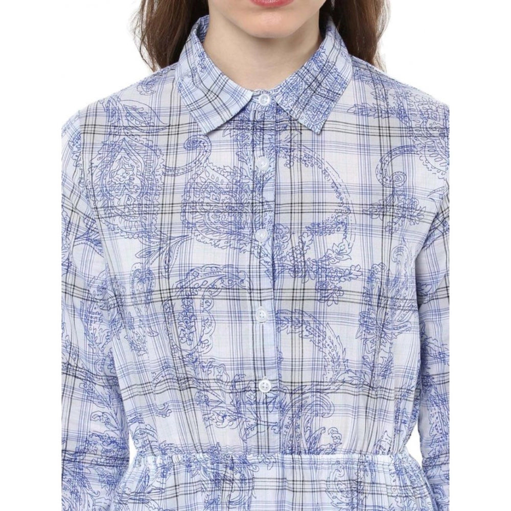 Vaystra Cotton Checkered Roll Up Sleeve Above Knee Dress – Blue