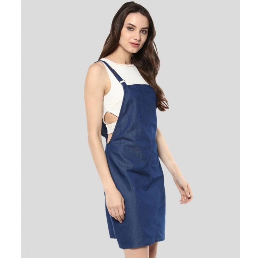 Vaystra Denim Solid Shoulder Straps Above Knee Dress – Blue