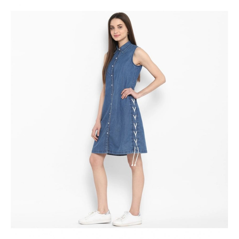 Vaystra Denim Solid Sleeveless Above Knee Dress – Blue