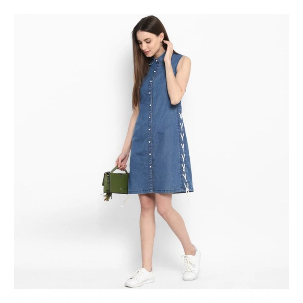 Vaystra Denim Solid Sleeveless Above Knee Dress – Blue