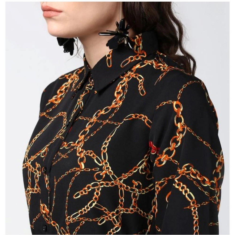 Vaystra Polyester Chain Print Roll Up Sleeve Below Knee Dress – Black & Yellow