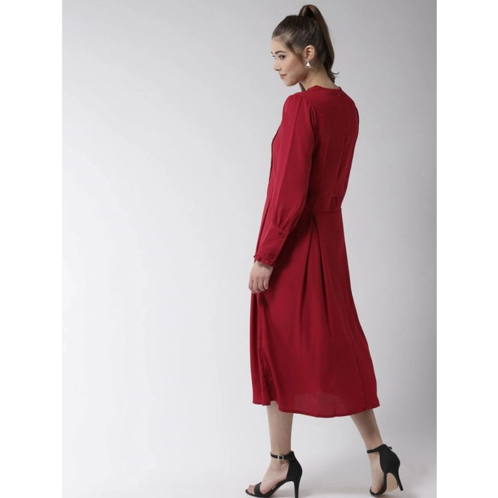 Vaystra Polyester Pintuck Long Sleeves Below Knee Dress – Red