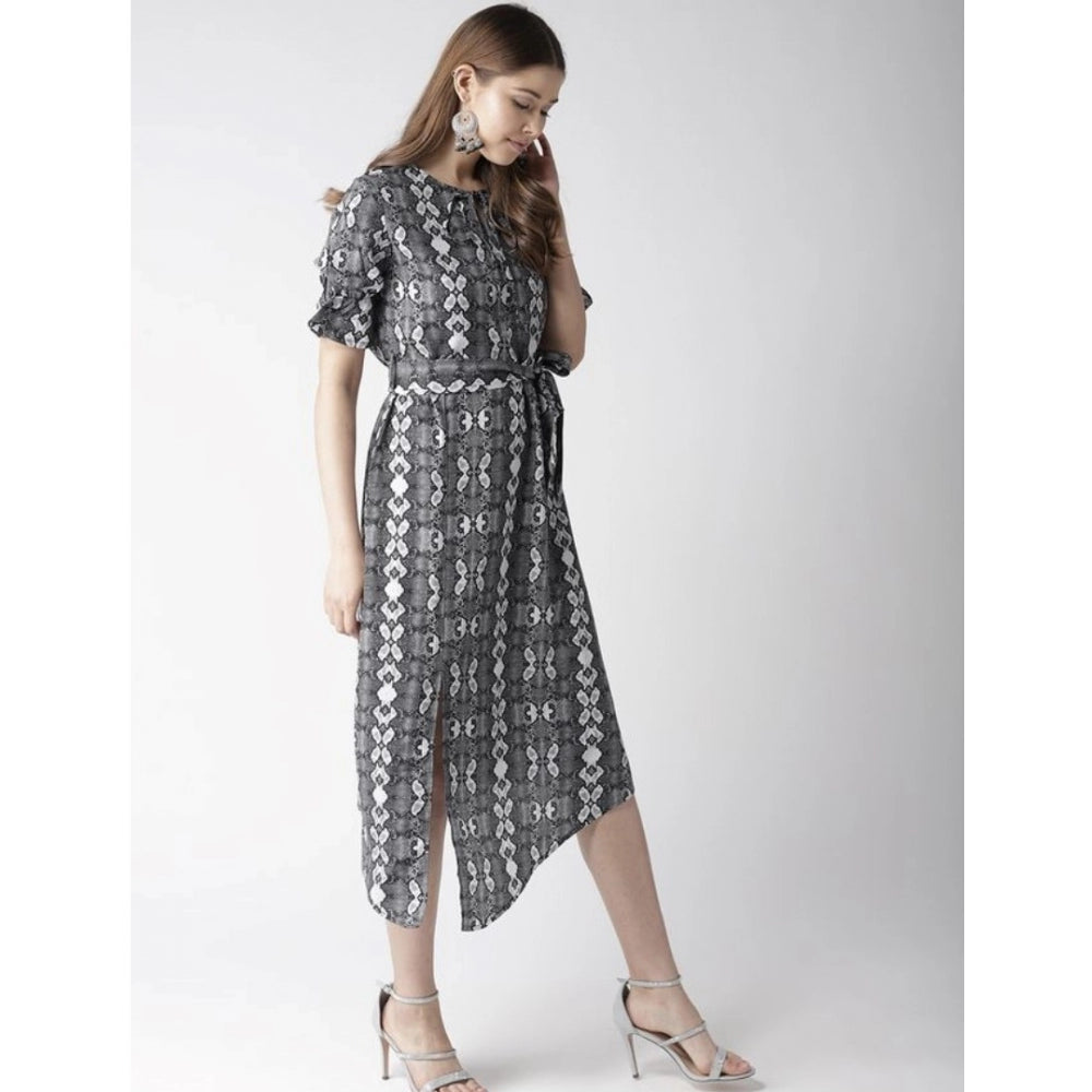 Vaystra Polyester Animal Print Short Sleeve Knee-Length Dress – Black & White
