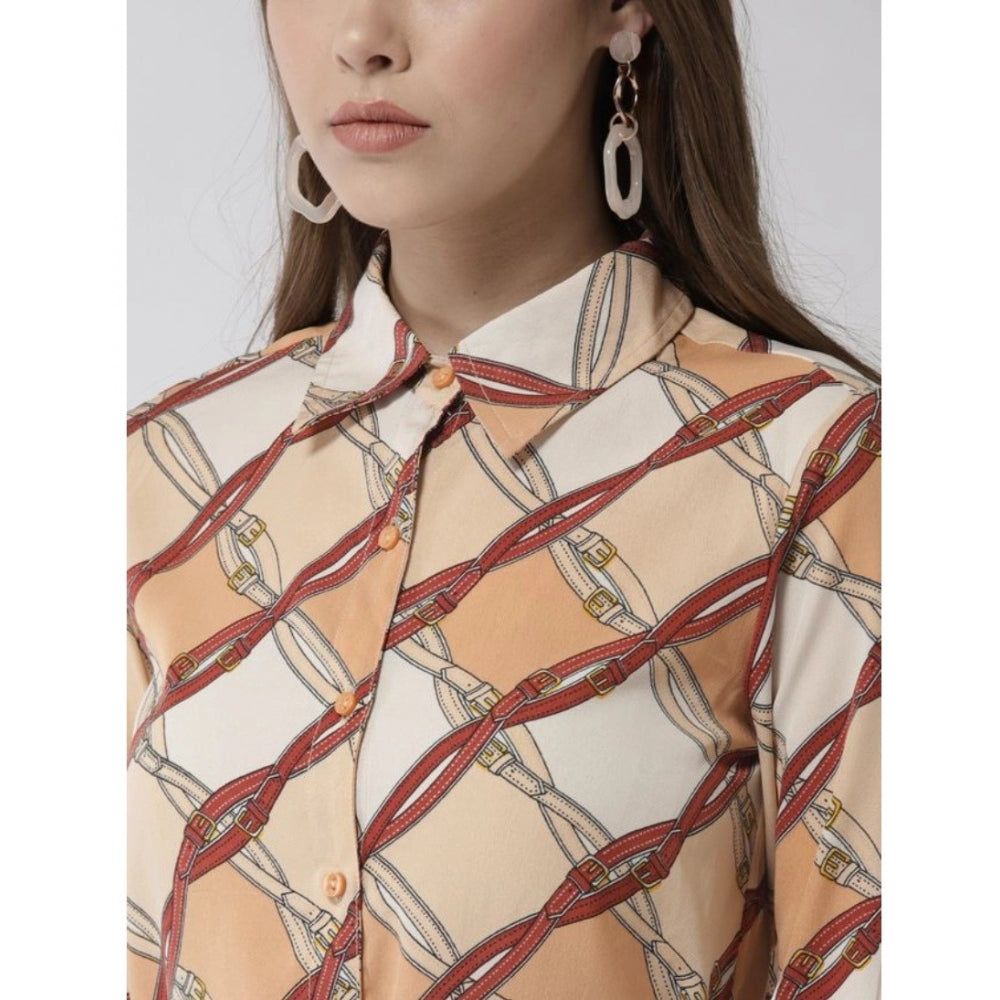 Vaystra Polyester Printed Roll Up Sleeve Above Knee Dress – Off White & Brown