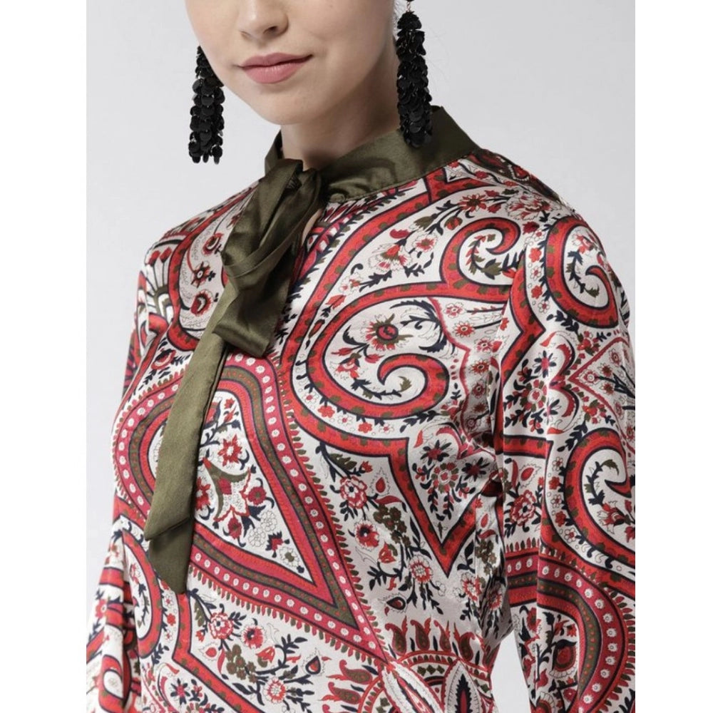 Vaystra Polyester Printed Long Sleeves Above Knee Dress – Red