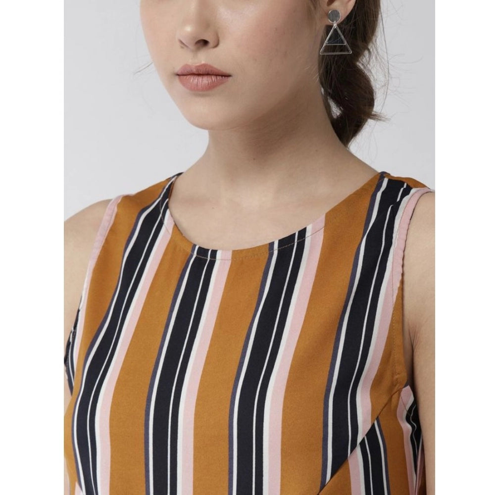 Vaystra Polyester Striped Sleeveless Below Knee Dress – Mustard