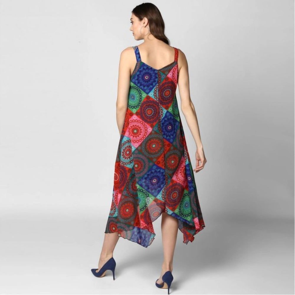 Vaystra Polyester Asymmetrical Shoulder Straps Knee-Length Dress – Multicolor