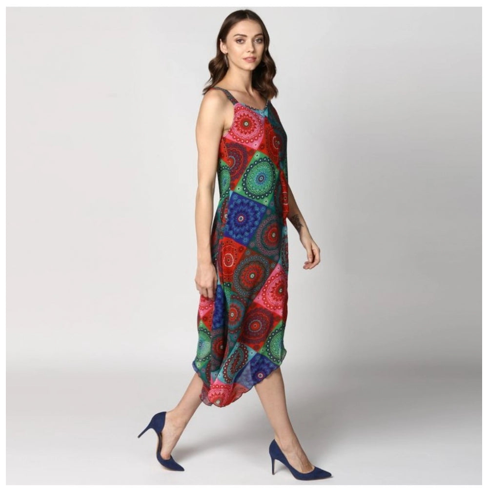Vaystra Polyester Asymmetrical Shoulder Straps Knee-Length Dress – Multicolor