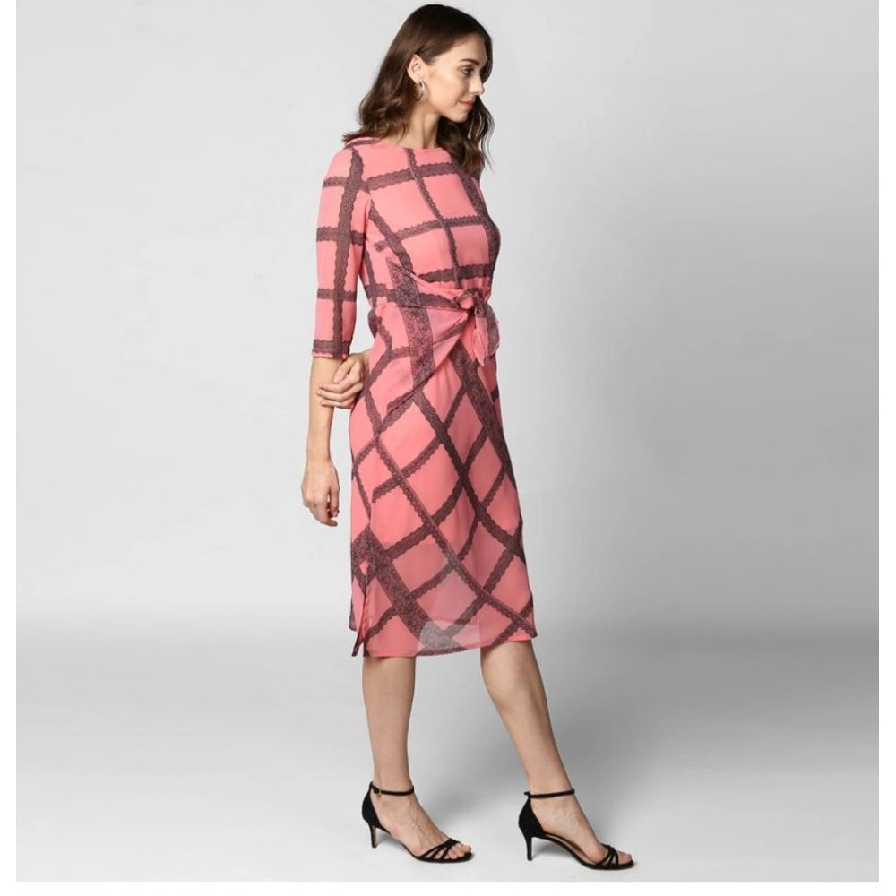 Vaystra Polyester Checkered 3-4th Sleeves Below Knee Dress – Pink & Black