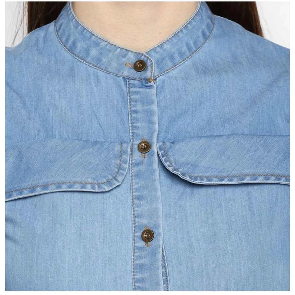 Vaystra Denim Solid Cold Shoulder Above Knee Dress – Blue