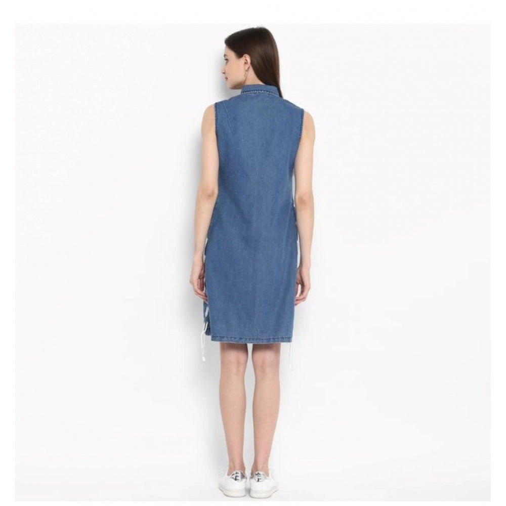 Vaystra Denim Solid Sleeveless Above Knee Dress – Blue