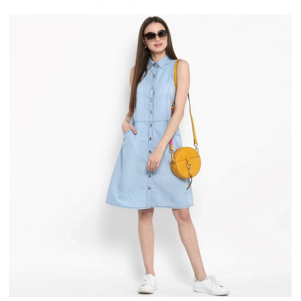 Vaystra Denim Solid Sleeveless Below Knee Dress – Blue